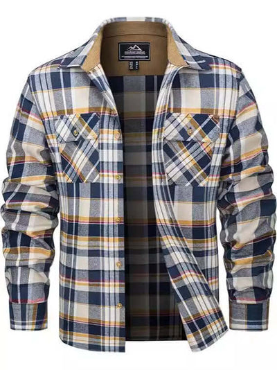 Men's flannel casual button shirt in navy and orange plaid design, perfect for fall and winter, available in multiple sizes.