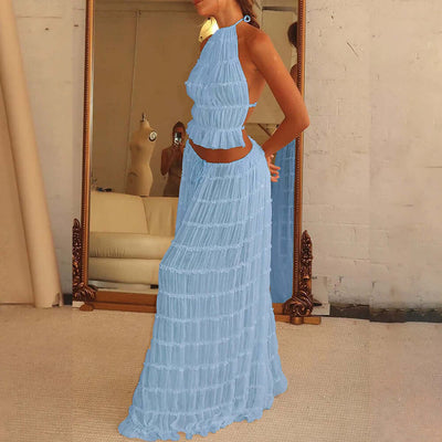 2pcs Women's Dress Suit Sexy Sleeveless Backless Cropped Halter Top And Pleated Long Skirt Beach Clothing eprolo