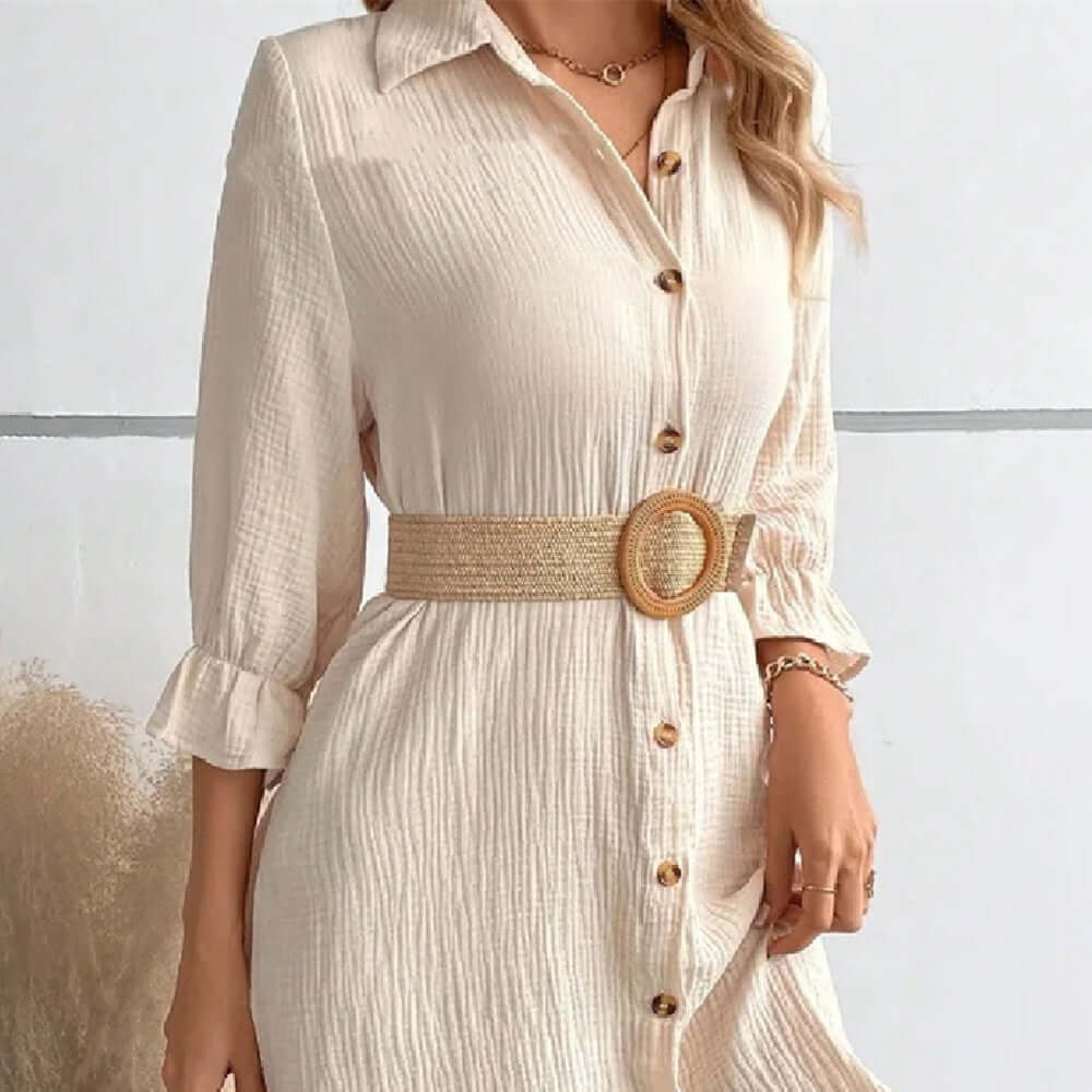 Women's Solid Color Cotton And Linen Breasted Loose Shirt Dress eprolo