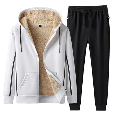 Men's leisure sports suit featuring a white zip-up hooded jacket with fleece lining and black matching pants, ideal for athletic wear.