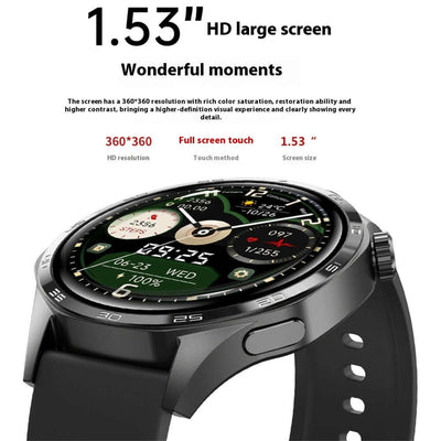1.53-inch HD smartwatch screen with 360x360 resolution, featuring touch control and vibrant color display.