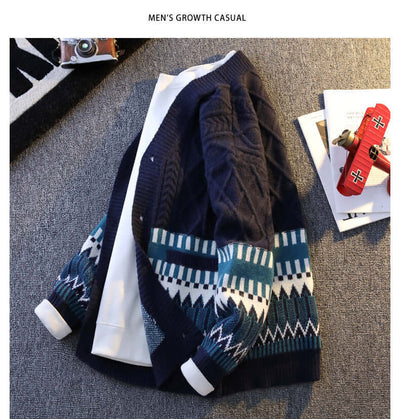 Navy blue knit cardigan with contrast color pattern, long sleeves, casual style, perfect for leisure wear.