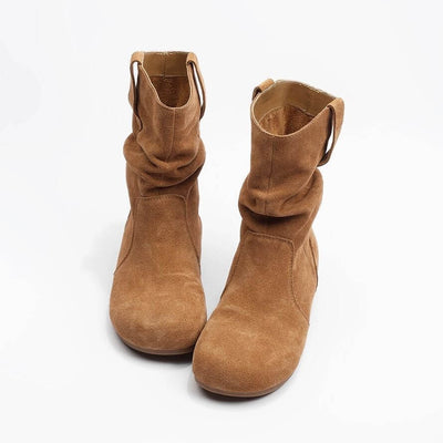 Western denim Martin boots for women in khaki suede, featuring low heel and flat sole.