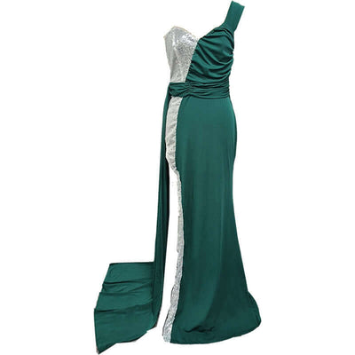 Elegant green evening dress with a one-shoulder design and sequined details, perfect for formal events.