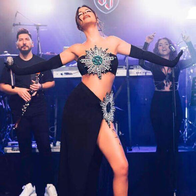 Shiny Rhinestone Tube Top High Slit Skirt Bandage Suit Dropshipman