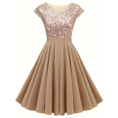 Women's Elegant Sequin V Neck Cap Sleeves Pleated Evening Cocktail and wedding Dress Astrazona