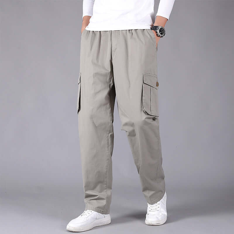 Loose straight leg Korean style pants with open hem, multiple pockets, ideal for outdoor wear and casual fashion.
