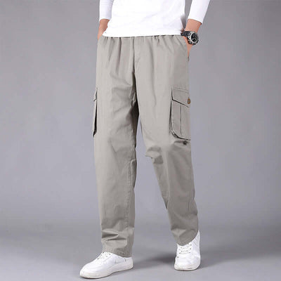 Loose straight leg Korean style pants with open hem, multiple pockets, ideal for outdoor wear and casual fashion.