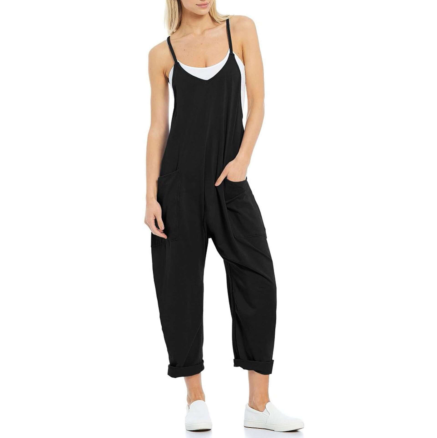 Chic sleeveless jumpsuit for women featuring adjustable straps and pockets