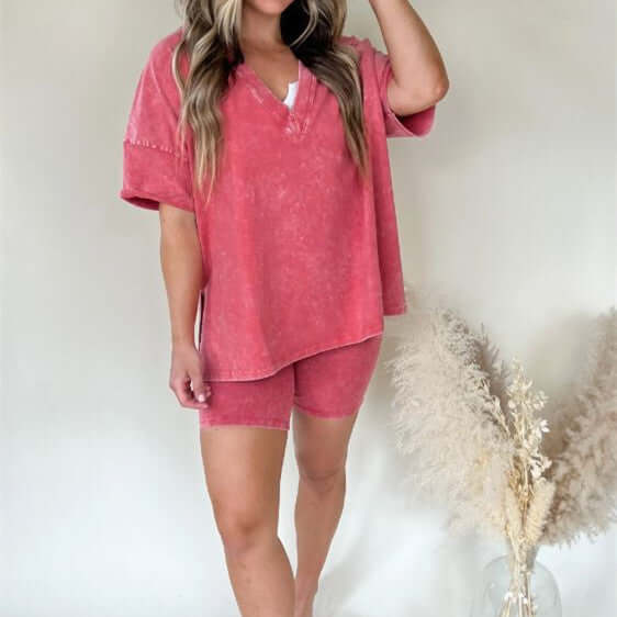 Women's V-Neck Denim-like Short-sleeved T-shirt Casual Shorts Suit eprolo