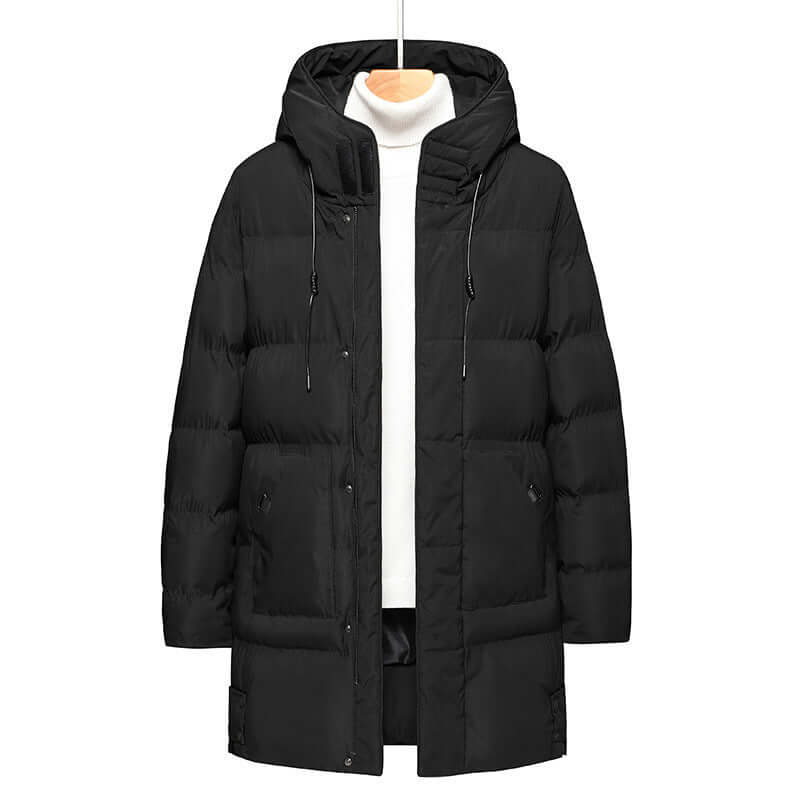 Plus size thick black cotton-padded men's mid-length jacket with hood and pockets.