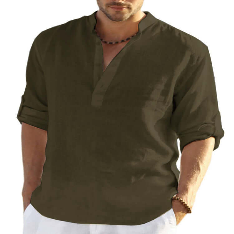 Men's Casual Cotton Linen Solid Color Long Sleeve Shirt Loose Stand Collar Astrazona