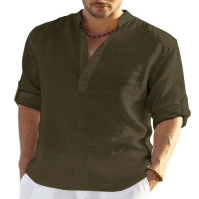 Men's Casual Cotton Linen Solid Color Long Sleeve Shirt Loose Stand Collar Astrazona