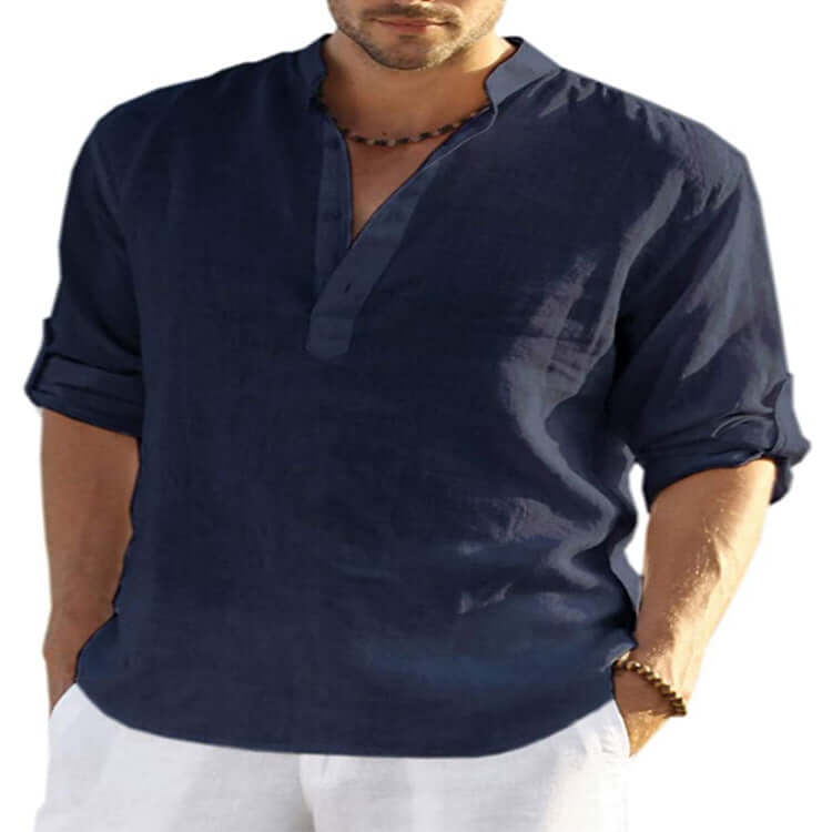 Men's Casual Cotton Linen Solid Color Long Sleeve Shirt Loose Stand Collar Astrazona