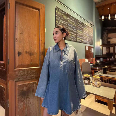 Lapel Patch Pocket Bell Sleeve Denim Dress eprolo