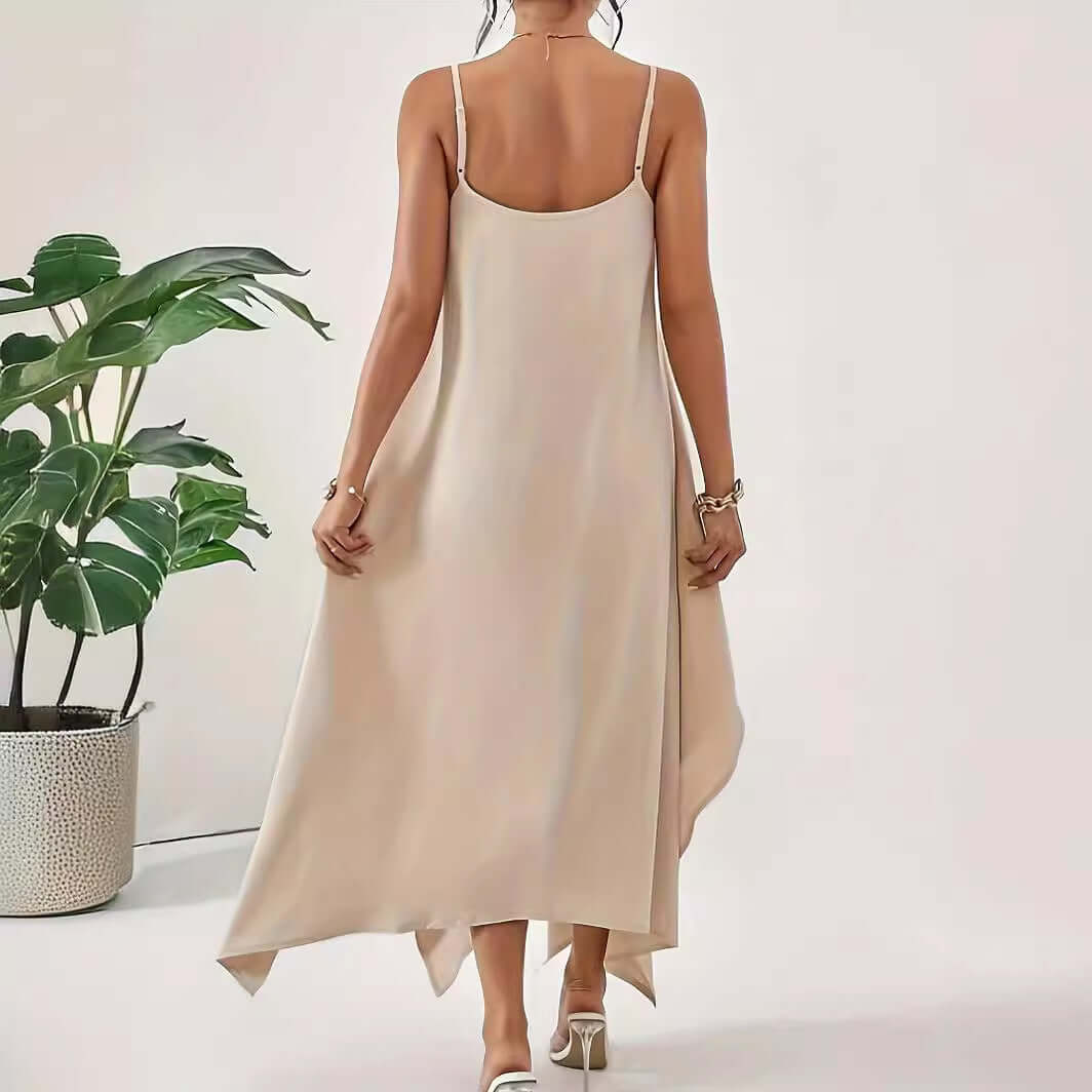 Fashion Solid Color Sling Backless Irregular Sleeveless Loose Dress eprolo