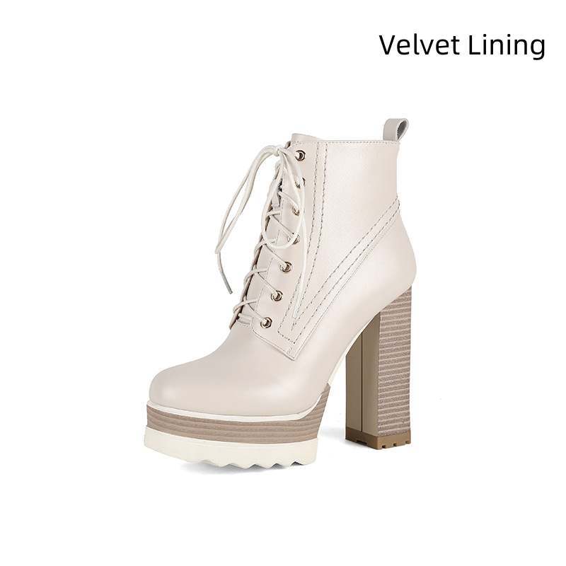 Women's chunky heel platform boots with velvet lining in beige, featuring round toe and side zipper.