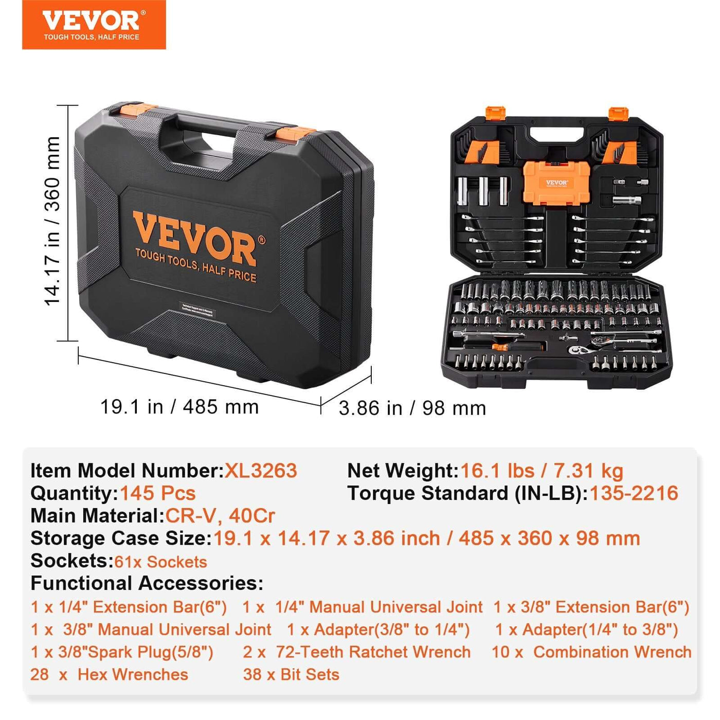 VEVOR 145-piece mechanics tool and socket set with SAE and metric sizes