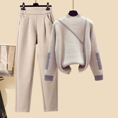 New Women's Thickened Vest Turtleneck Knitting Sweater Baggy Pants Three-piece Set eprolo
