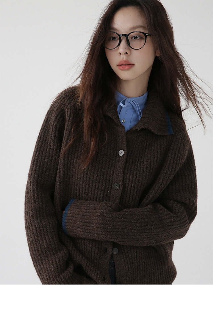 Color Blocking Collar Single Breasted Wool Knitted Cardigan Jacket eprolo