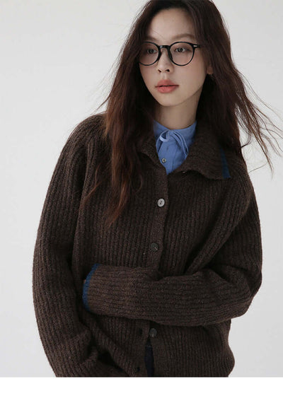 Color Blocking Collar Single Breasted Wool Knitted Cardigan Jacket eprolo