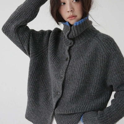 Color Blocking Collar Single Breasted Wool Knitted Cardigan Jacket eprolo