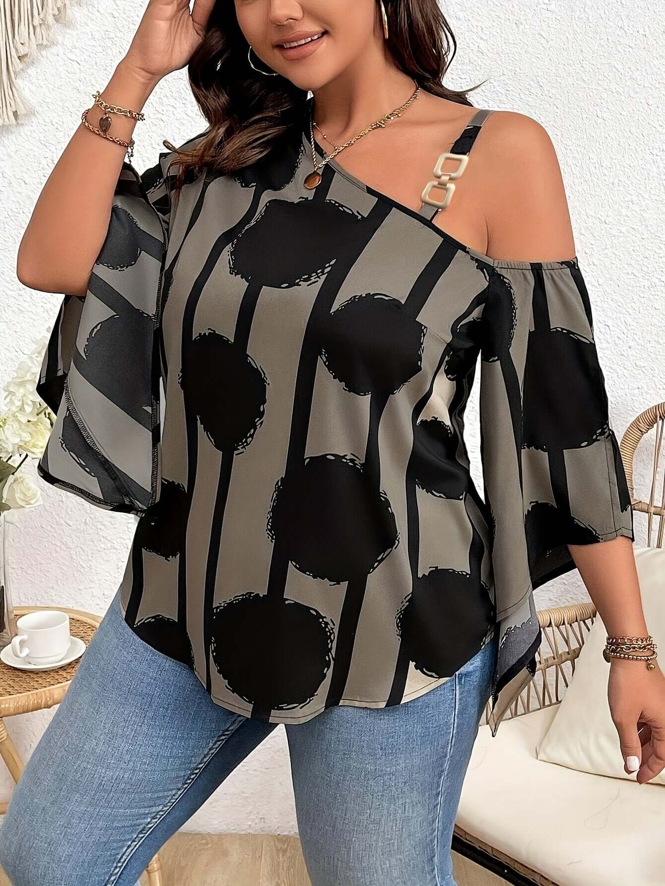 Women's Plus Size Printed Fashion Off-the-Shoulder Charming Chain Three-quarter Sleeve Blouse - Casual Top eprolo