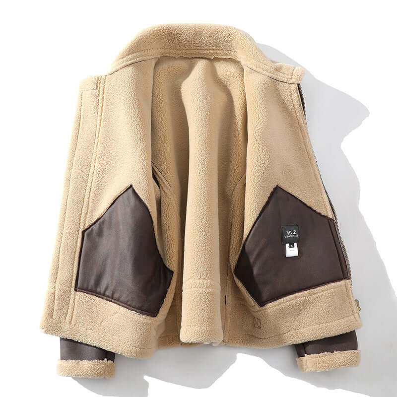 Men's thickened fur integrated fleece-lined casual jacket in beige with brown leather accents, perfect for winter.