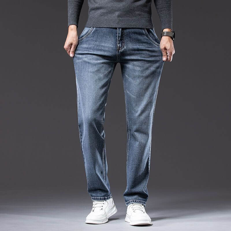 Men's blue loose straight stretch pants, mid waist denim trousers with micro elasticity, perfect for teenagers.