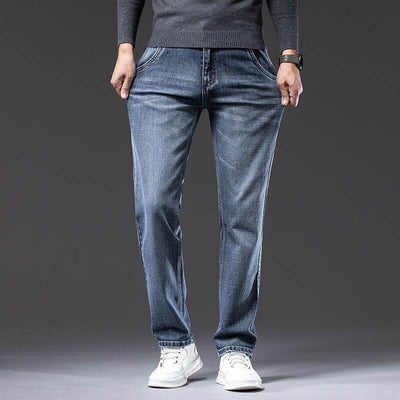 Men's blue loose straight stretch pants, mid waist denim trousers with micro elasticity, perfect for teenagers.