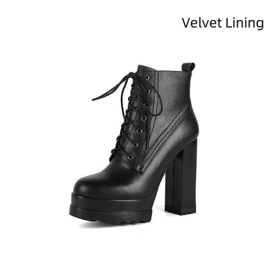 Black chunky heel high heeled boots featuring velvet lining and lace-up design, ideal for stylish women's footwear.