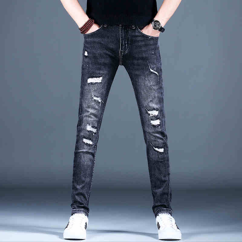 Men's ripped fleece padded jeans in dark gray slim-fit with distressed detail, perfect for casual wear.