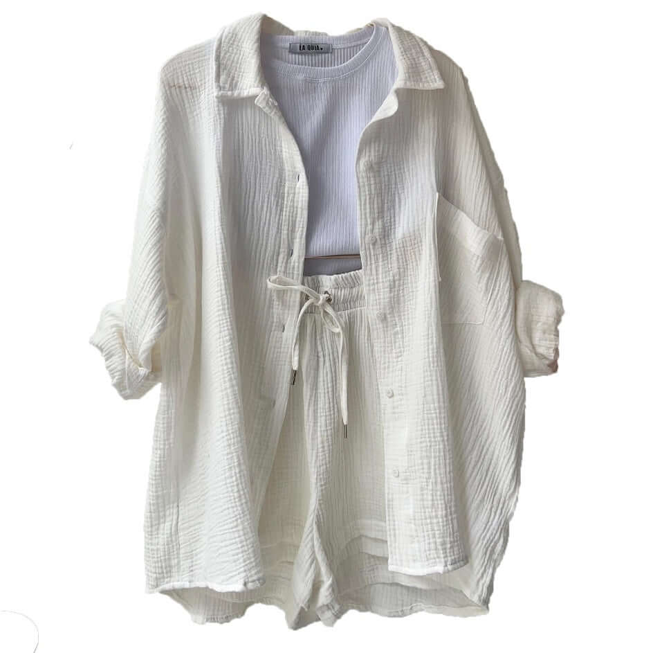 Spring Champray Lapel Long Sleeve Shirt High Waist Drawstring Shorts Plus Size Fashion Casual Set eprolo