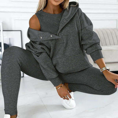 3pcs Women's Sports Suit Loose Hooded Pockets Sweatshirt And Vest And Slim Trousers eprolo