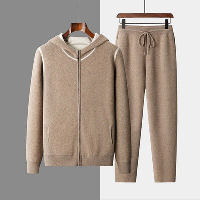Men's thick hooded jacket and tapered pants in camel color, perfect for casual leisure wear.