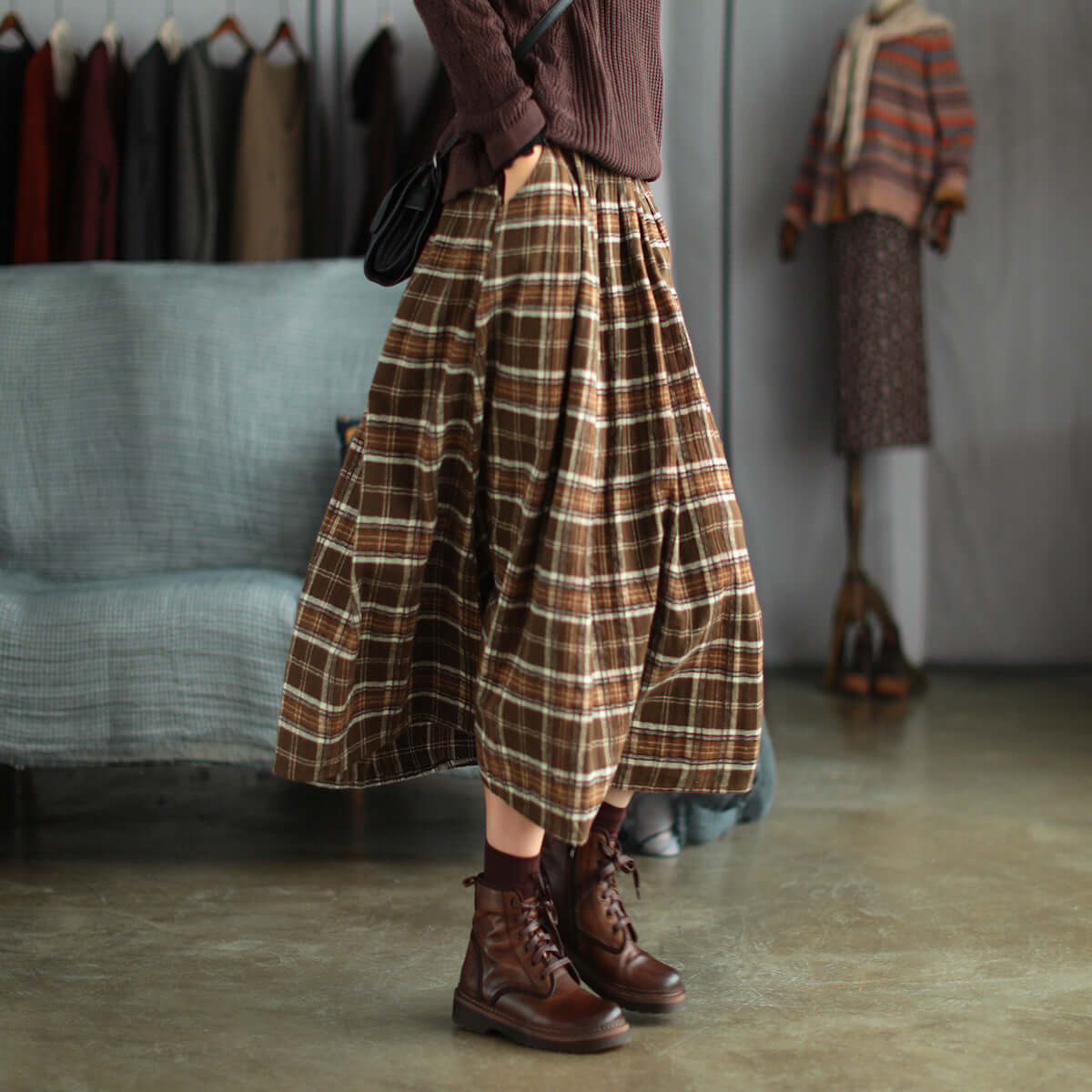 Ancient Coffee Clothing Artistic Brushed Plaid Skirt Retro Loose A- Line eprolo