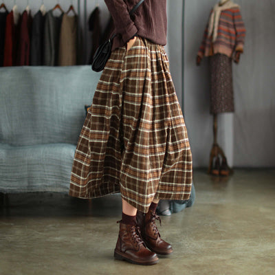 Ancient Coffee Clothing Artistic Brushed Plaid Skirt Retro Loose A- Line eprolo