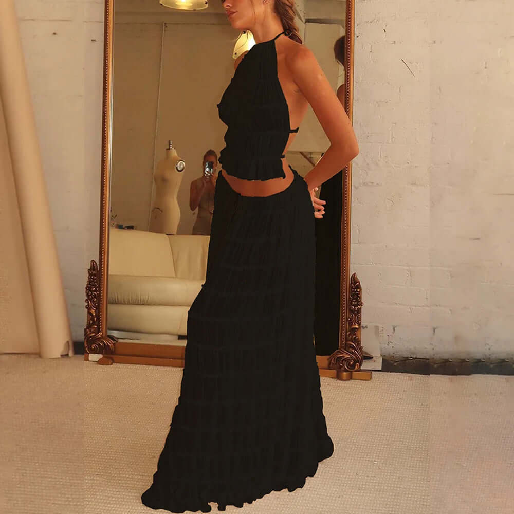 2pcs Women's Dress Suit Sexy Sleeveless Backless Cropped Halter Top And Pleated Long Skirt Beach Clothing eprolo
