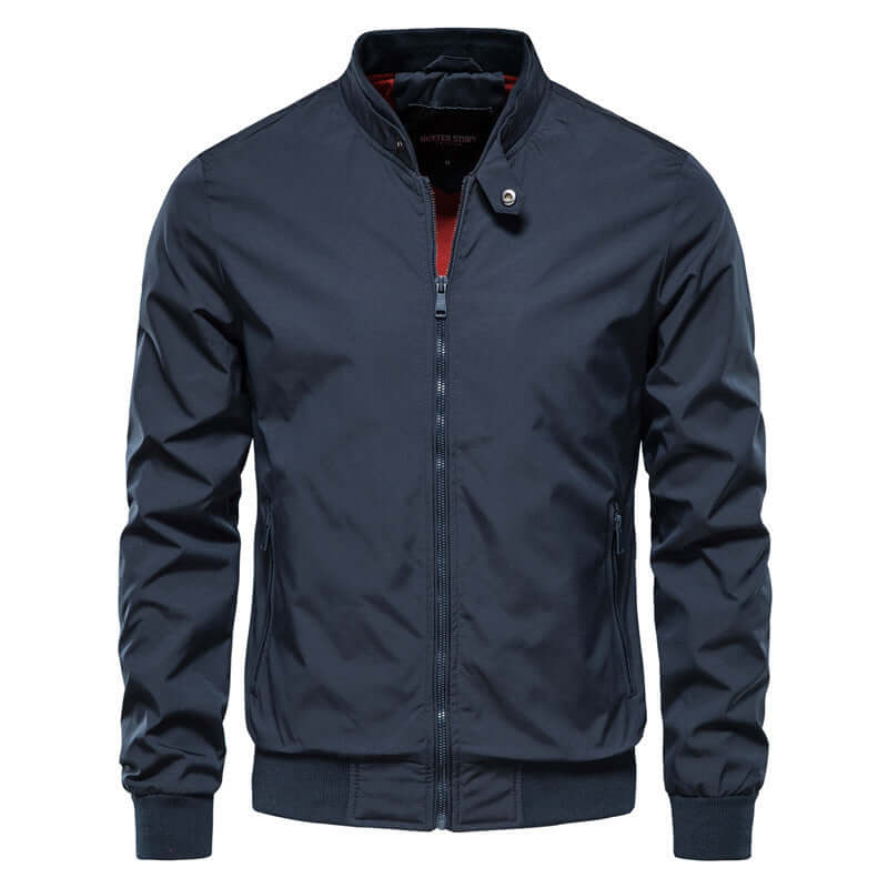 Stylish navy blue casual jacket for men, featuring a zip closure and ribbed cuffs, perfect for leisure wear.