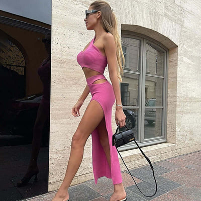 Summer Fashion Temperament Slim Fit Sexy Spicy Girl Outfit Solid Color Slit Thread Skirt Set eprolo