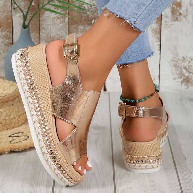 Summer Shiny Sandals Hollow Design Fish Mouth Sandal For Women Fashion Buckle Wedges Shoes eprolo