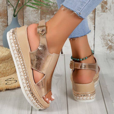 Summer Shiny Sandals Hollow Design Fish Mouth Sandal For Women Fashion Buckle Wedges Shoes eprolo