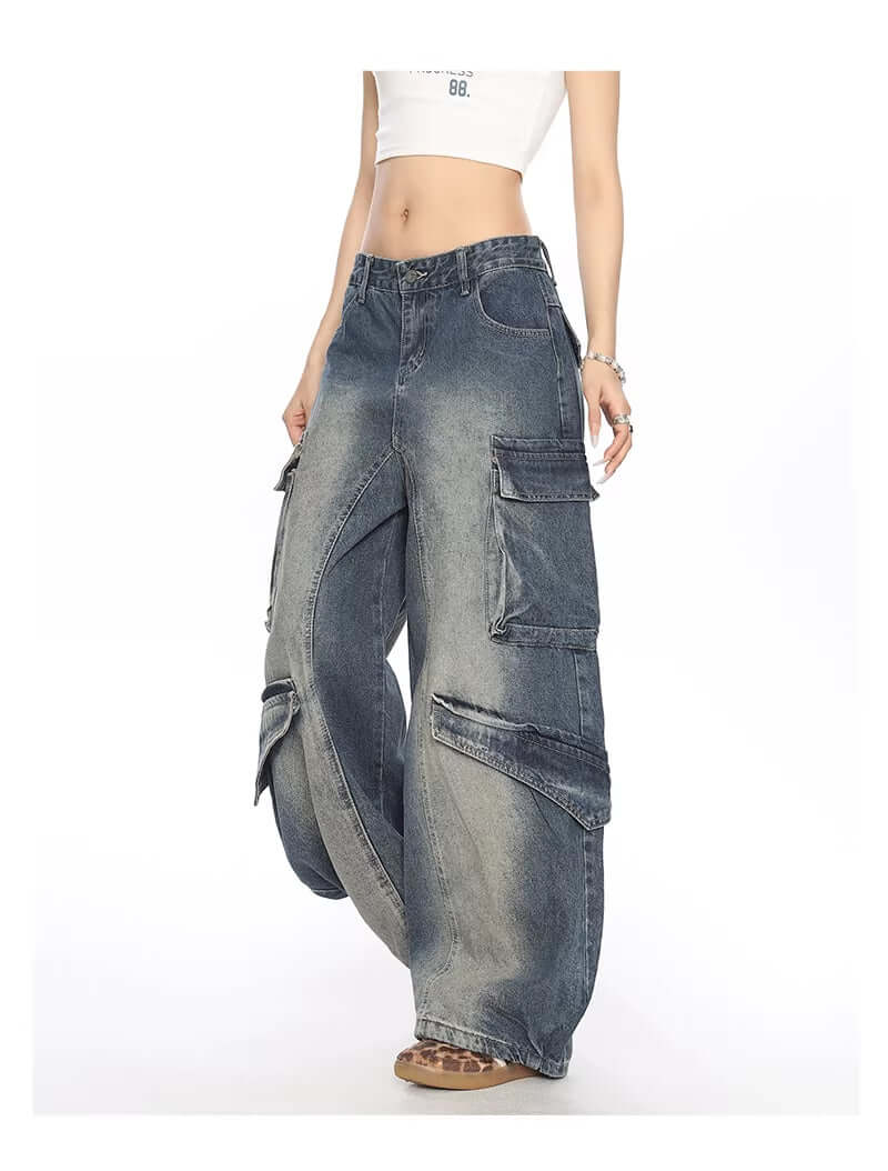 Washed Multi-pocket Denim Matchet Pants Dropshipman