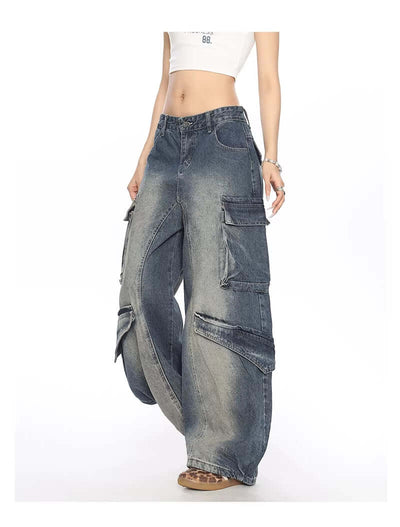 Washed Multi-pocket Denim Matchet Pants Dropshipman