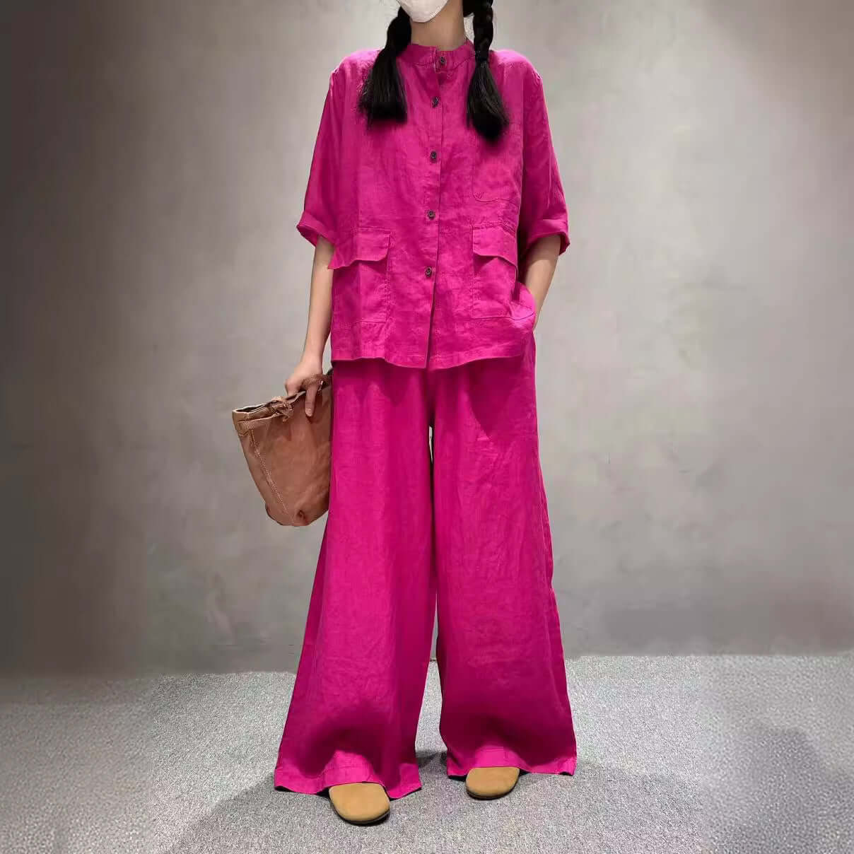 Solid Color Linen Suit Half Sleeve Shirt Casual Pants eprolo