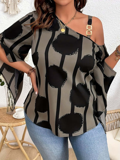 Women's Plus Size Printed Fashion Off-the-Shoulder Charming Chain Three-quarter Sleeve Blouse - Casual Top eprolo
