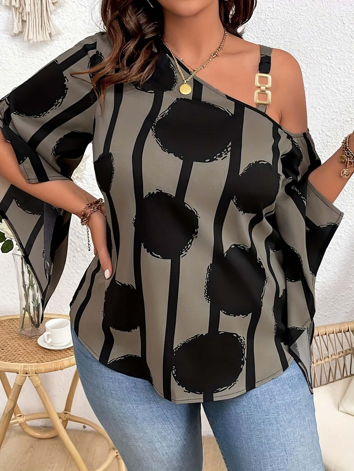 Women's Plus Size Printed Fashion Off-the-Shoulder Charming Chain Three-quarter Sleeve Blouse - Casual Top eprolo