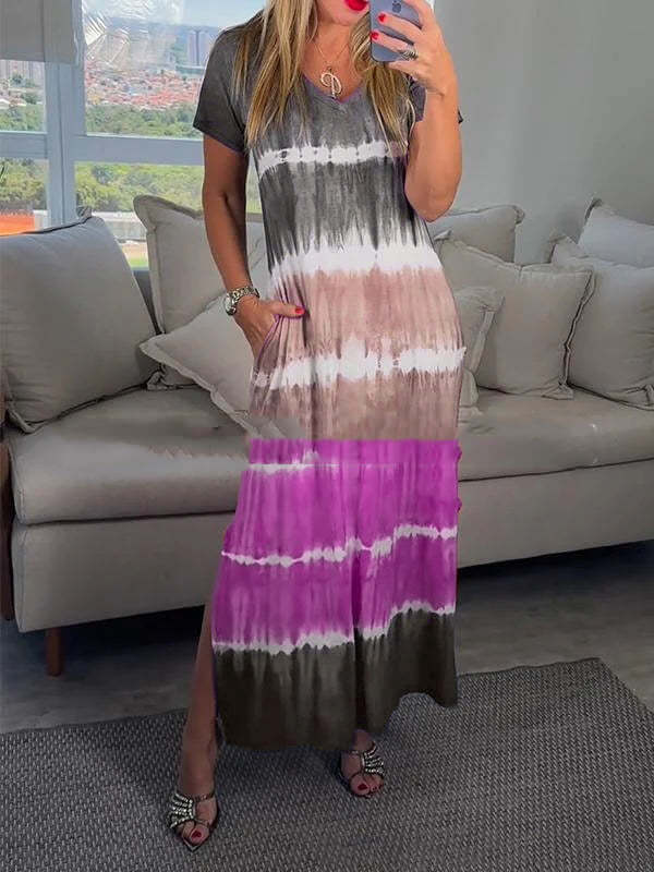 Summer V-neck Striped Printed Short Sleeve Plus Size Loose Dress eprolo