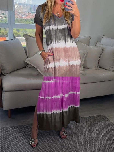 Summer V-neck Striped Printed Short Sleeve Plus Size Loose Dress eprolo