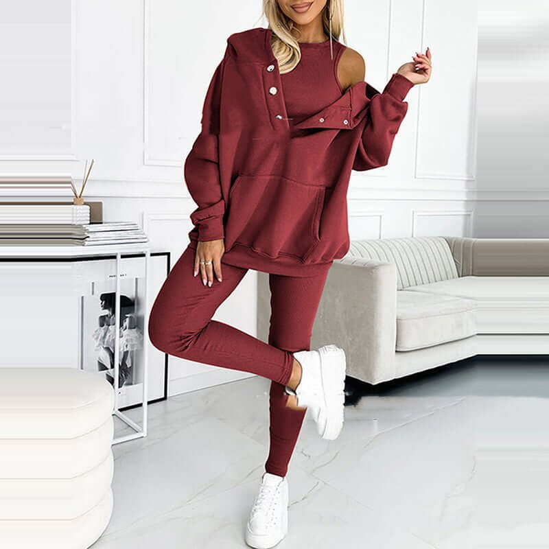 3pcs Women's Sports Suit Loose Hooded Pockets Sweatshirt And Vest And Slim Trousers eprolo